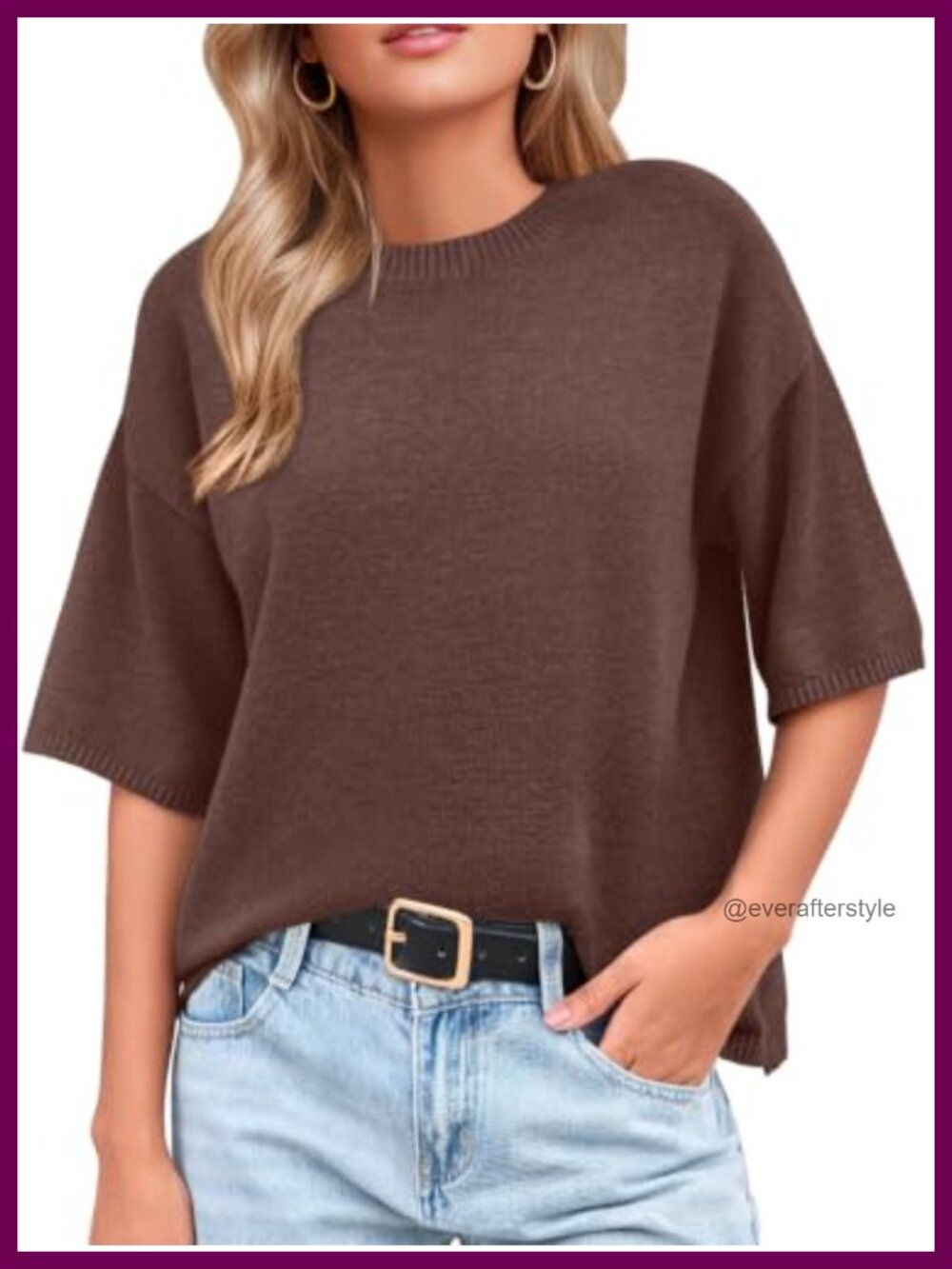Womens Short Sleeve Sweater Oversized Crewneck Knit Pullover Top Trendy
